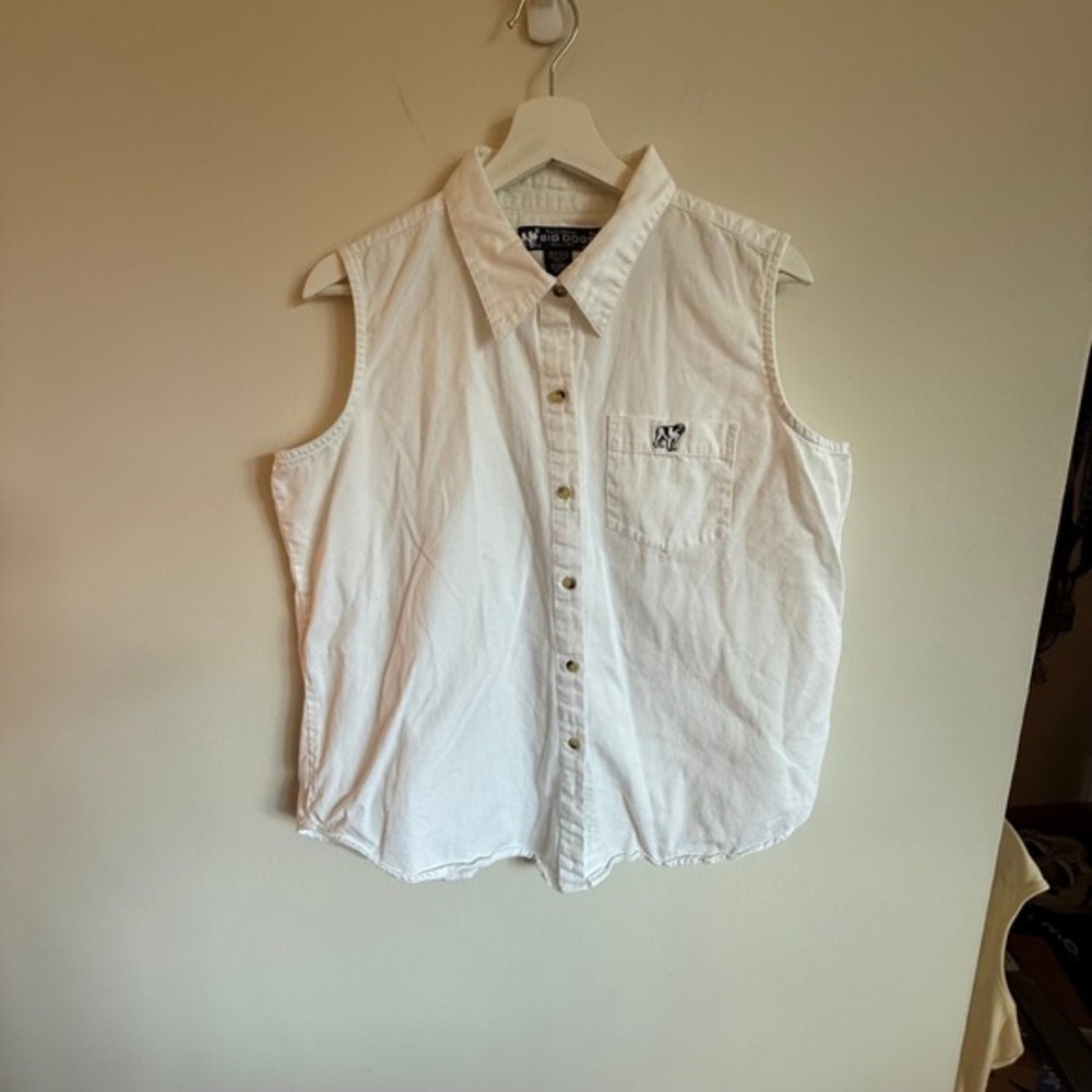 Big Dogs Sleeveless Button Down Shirt XL White Cotton 90s‎ Y2K Dog